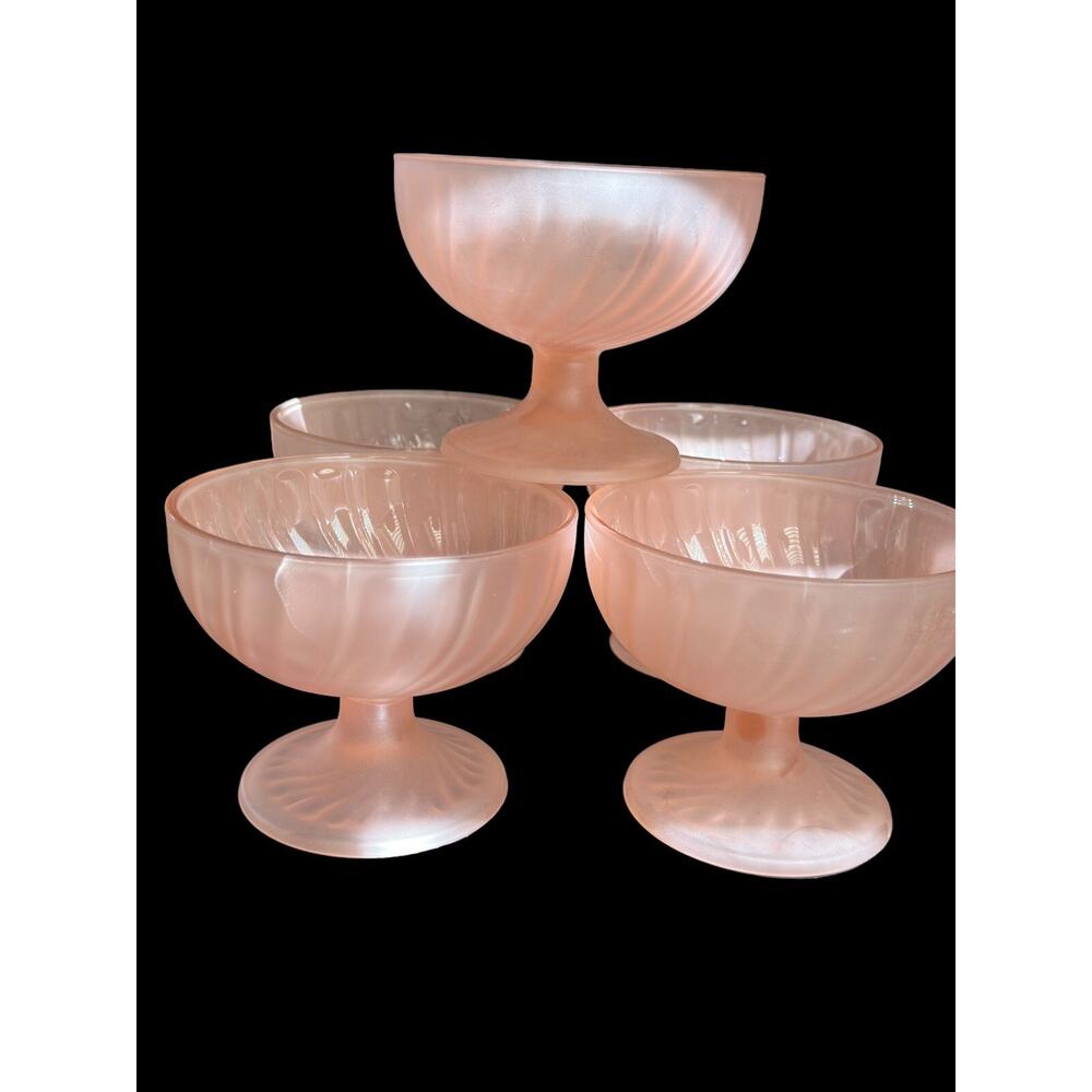 5 Pink Frosted Glass Footed Dessert Bowls - Swirl Pattern - France